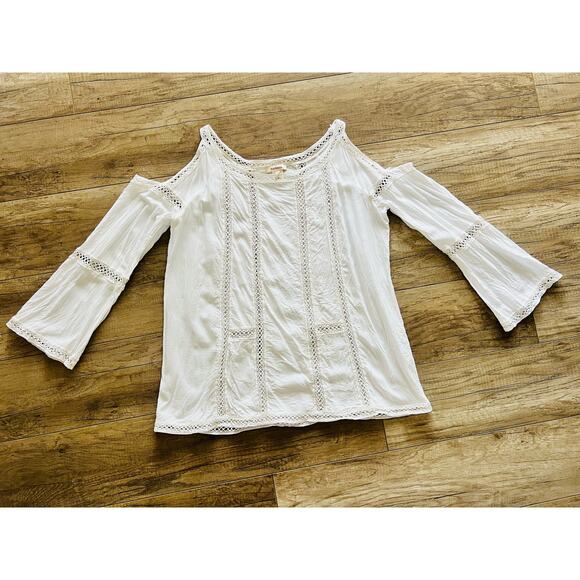 Sundance Catalog White Peasant Blouse Small Lattice Top Cold Shoulder - Picture 1 of 6